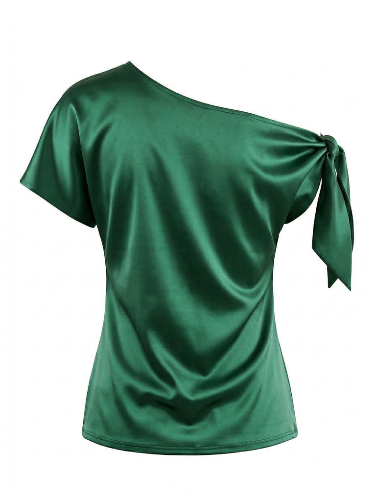 Green 1930s Solid Satin One-Shoulder Tie Knot Top: beautiful vintage blouse, retro top, classic style with timeless appeal