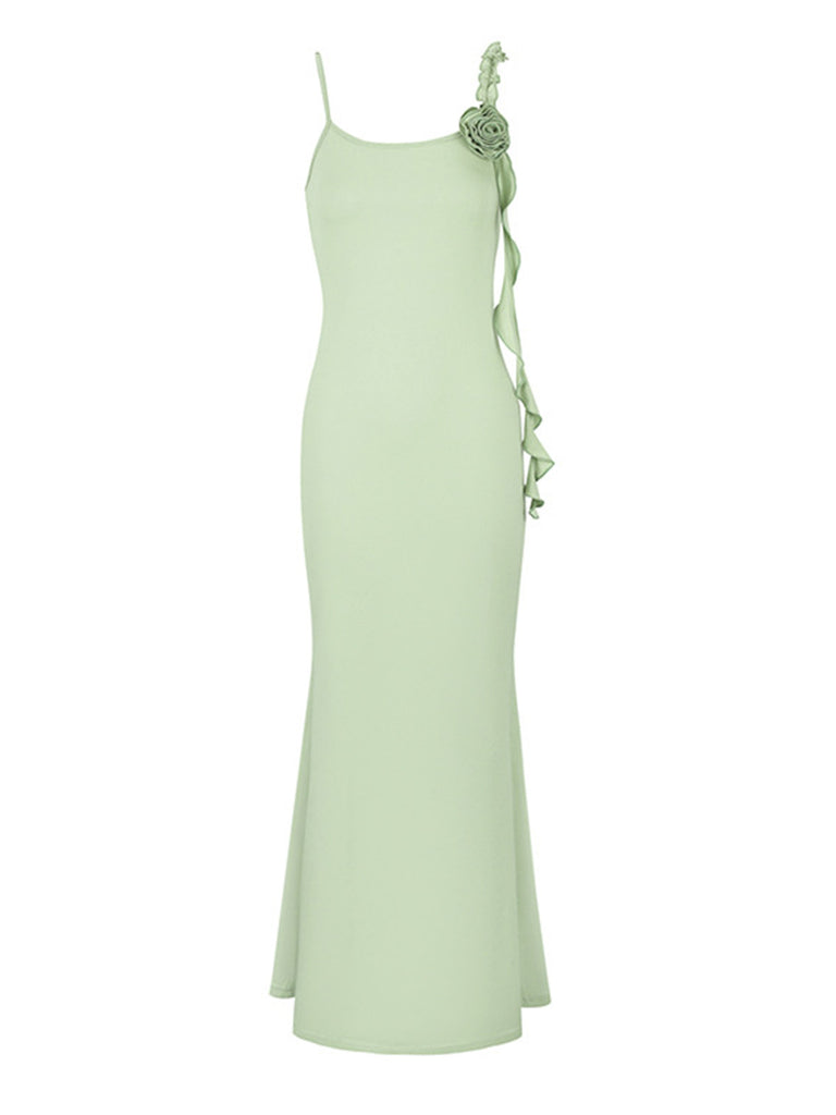 Green 1930s Spaghetti Strap 3D Flower Maxi Dress - vintage dress, retro fashion
