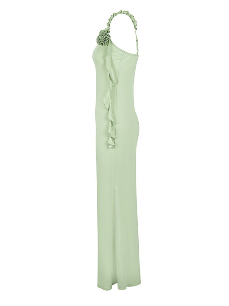 Green 1930s Spaghetti Strap 3D Flower Maxi Dress - vintage dress, retro fashion