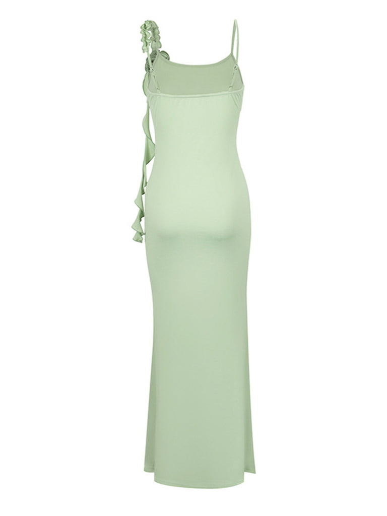 Green 1930s Spaghetti Strap 3D Flower Maxi Dress - vintage dress, retro fashion