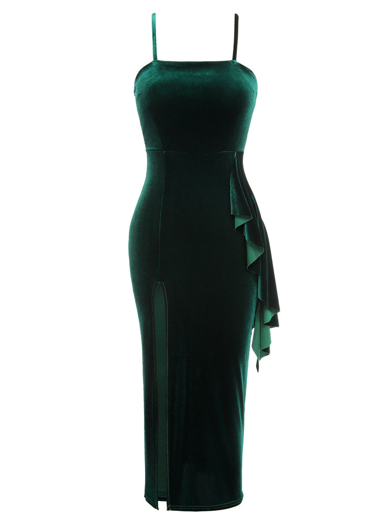 Green 1930s Spaghetti Strap Velvet Slit Dress, vintage dress, retro fashion - perfect for women who love vintage and retro fashion
