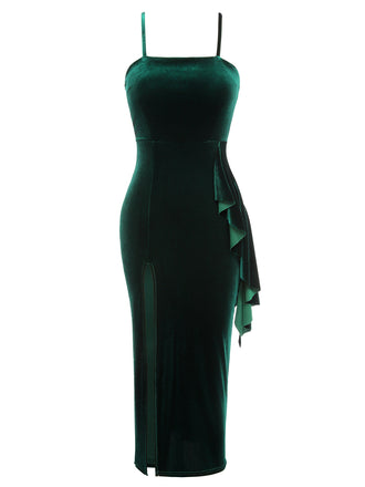 Green 1930s Spaghetti Strap Velvet Slit Dress, vintage dress, retro fashion - perfect for women who love vintage and retro fashion
