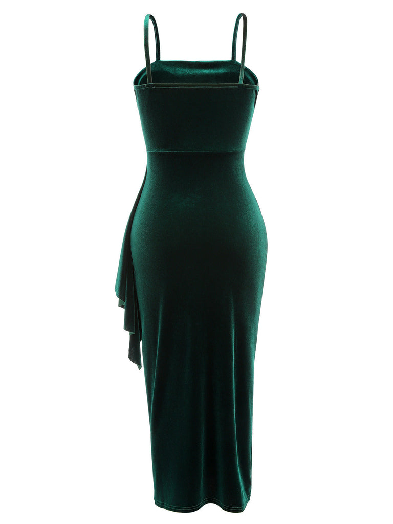 Green 1930s Spaghetti Strap Velvet Slit Dress, vintage dress, retro fashion - perfect for women who love vintage and retro fashion