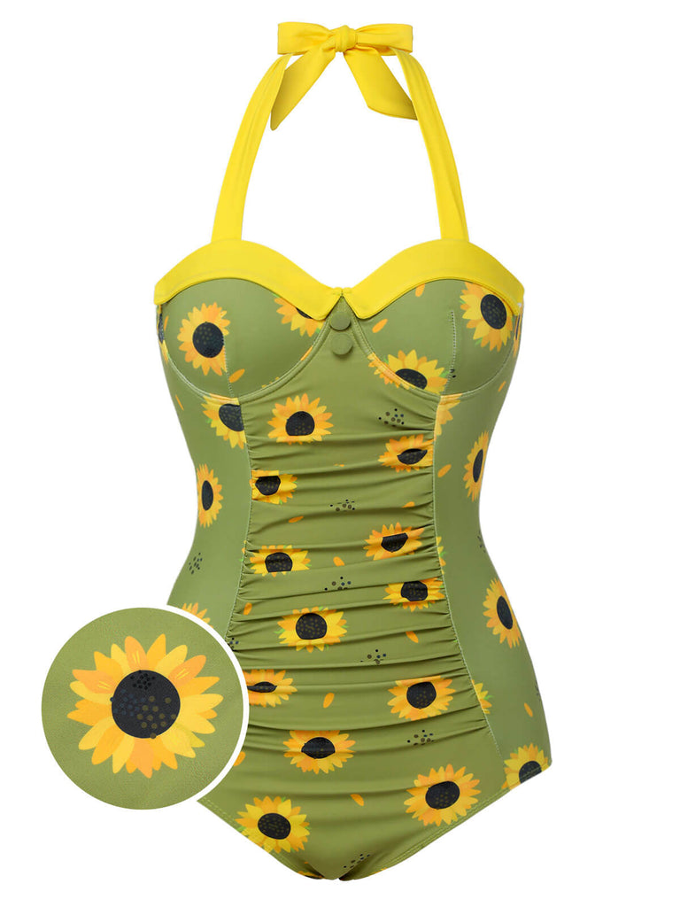 Green 1930s Sunflowers Halter Swimsuit, vintage swimsuit, pin-up swimwear - perfect for women who love vintage and retro fashion