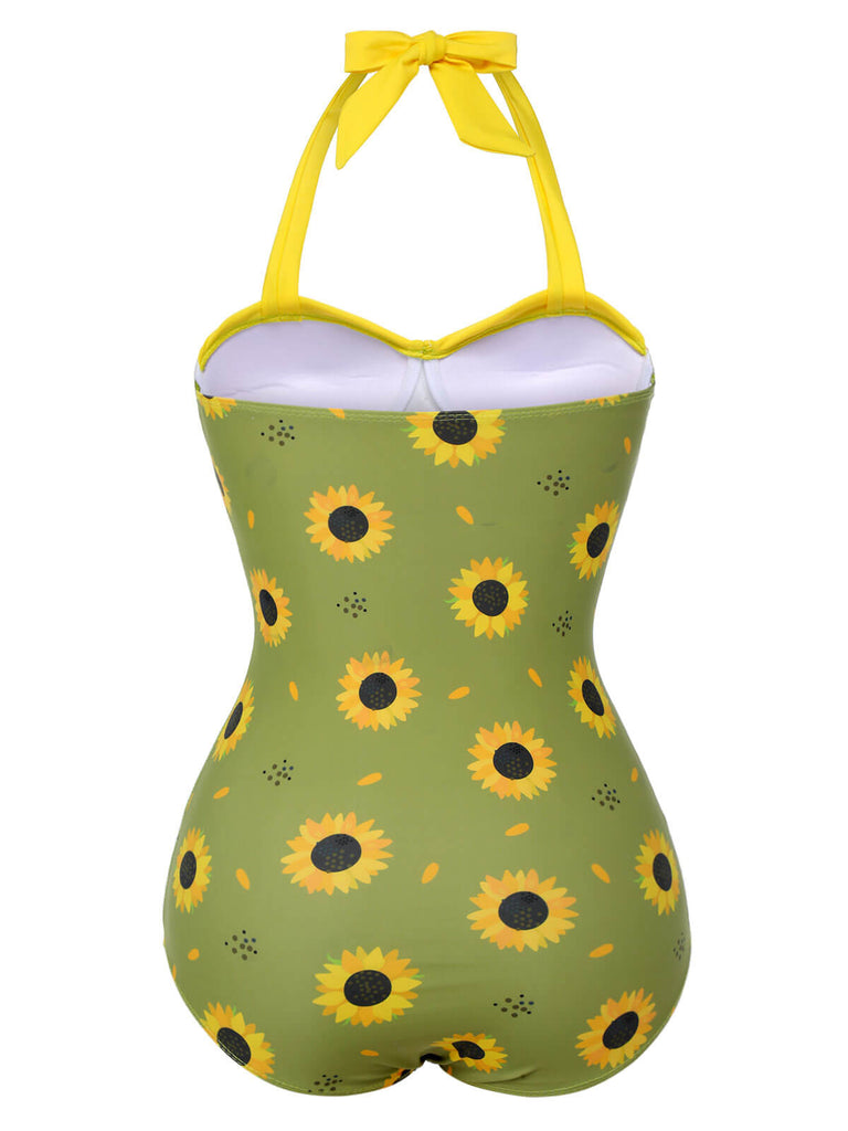 Green 1930s Sunflowers Halter Swimsuit, vintage swimsuit, pin-up swimwear - perfect for women who love vintage and retro fashion
