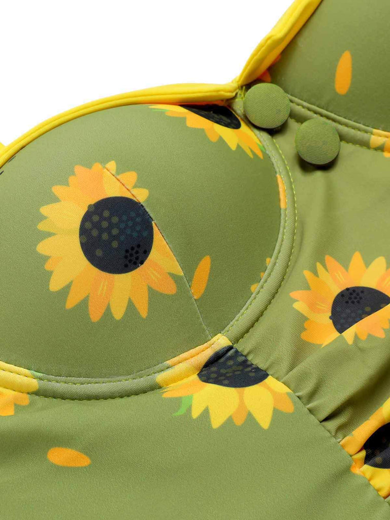 Green 1930s Sunflowers Halter Swimsuit, vintage swimsuit, pin-up swimwear - perfect for women who love vintage and retro fashion