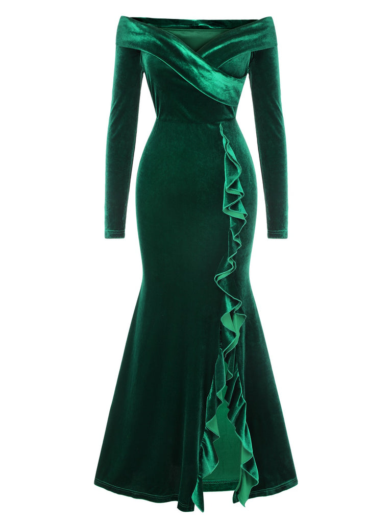 Green 1930s Velvet Off-Shoulder Ruffle-Trim Mermaid Dress, vintage dress, retro fashion - perfect for women who love vintage and retro fashion