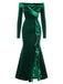Green 1930s Velvet Off-Shoulder Ruffle-Trim Mermaid Dress, vintage dress, retro fashion - perfect for women who love vintage and retro fashion