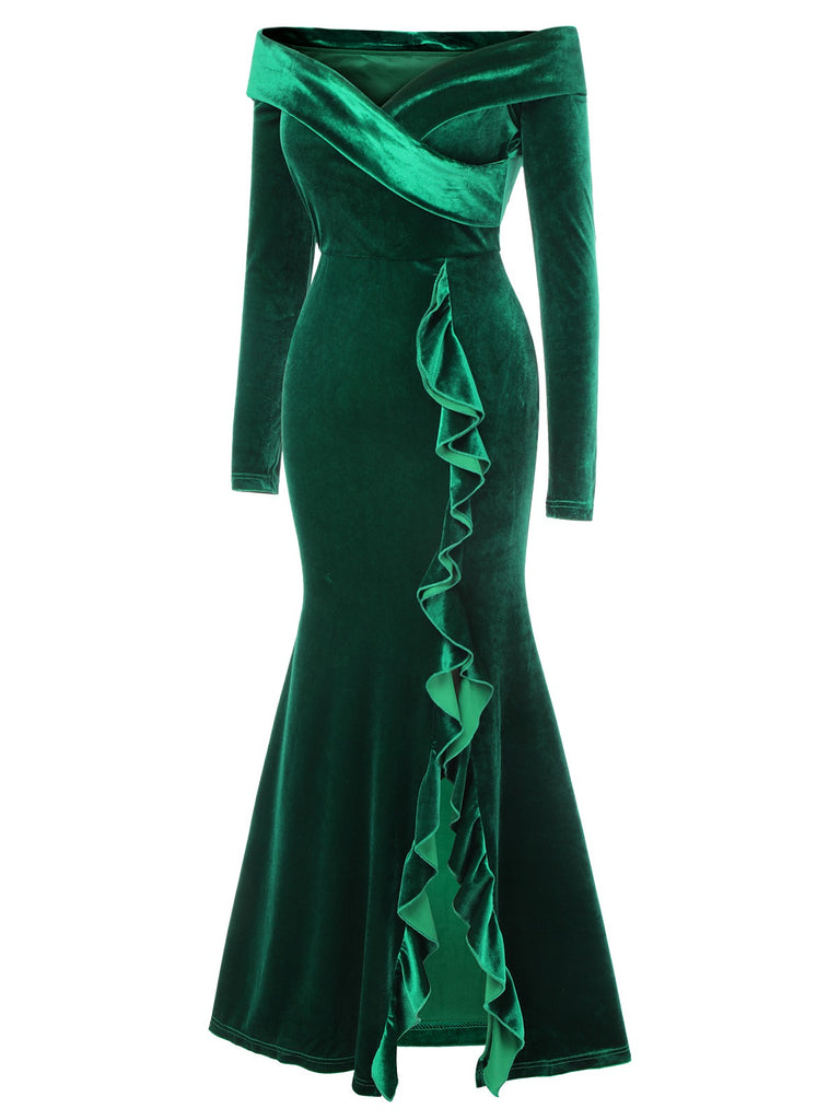 Green 1930s Velvet Off-Shoulder Ruffle-Trim Mermaid Dress, vintage dress, retro fashion - perfect for women who love vintage and retro fashion