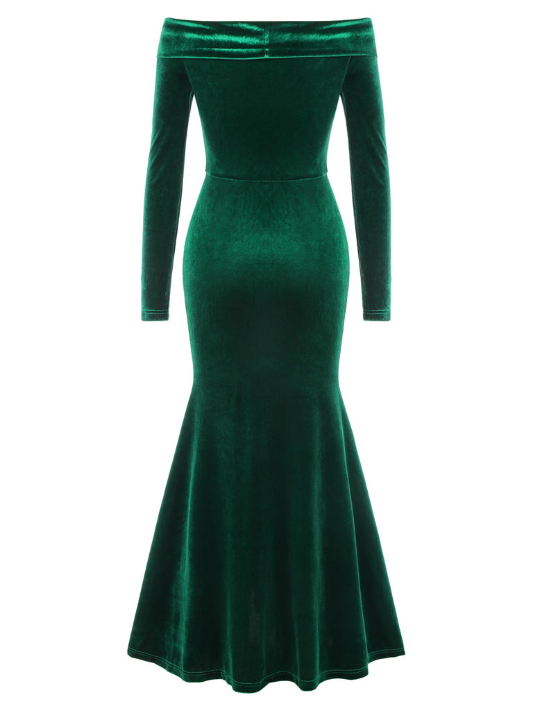 Green 1930s Velvet Off-Shoulder Ruffle-Trim Mermaid Dress, vintage dress, retro fashion - perfect for women who love vintage and retro fashion