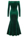 Green 1930s Velvet Off-Shoulder Ruffle-Trim Mermaid Dress, vintage dress, retro fashion - perfect for women who love vintage and retro fashion