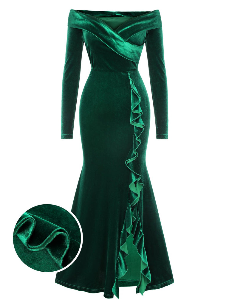Green 1930s Velvet Off-Shoulder Ruffle-Trim Mermaid Dress, vintage dress, retro fashion - perfect for women who love vintage and retro fashion