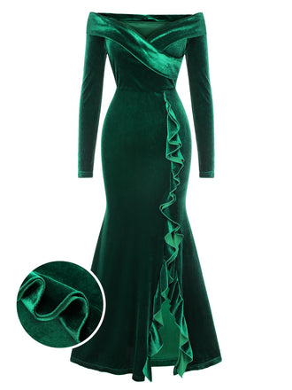 Green 1930s Velvet Off-Shoulder Ruffle-Trim Mermaid Dress, vintage dress, retro fashion - perfect for women who love vintage and retro fashion