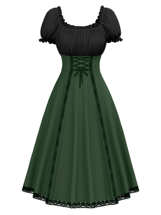 Green 1940s Colorblock Lace-Up Dress - vintage dress, retro fashion