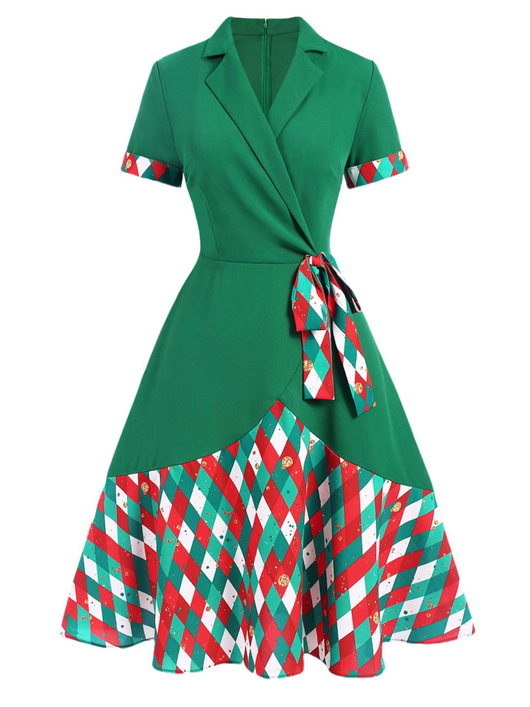 Green 1940s Colorful Plaid Notched Collar Dress: where 1940s romance meets her modern spirit