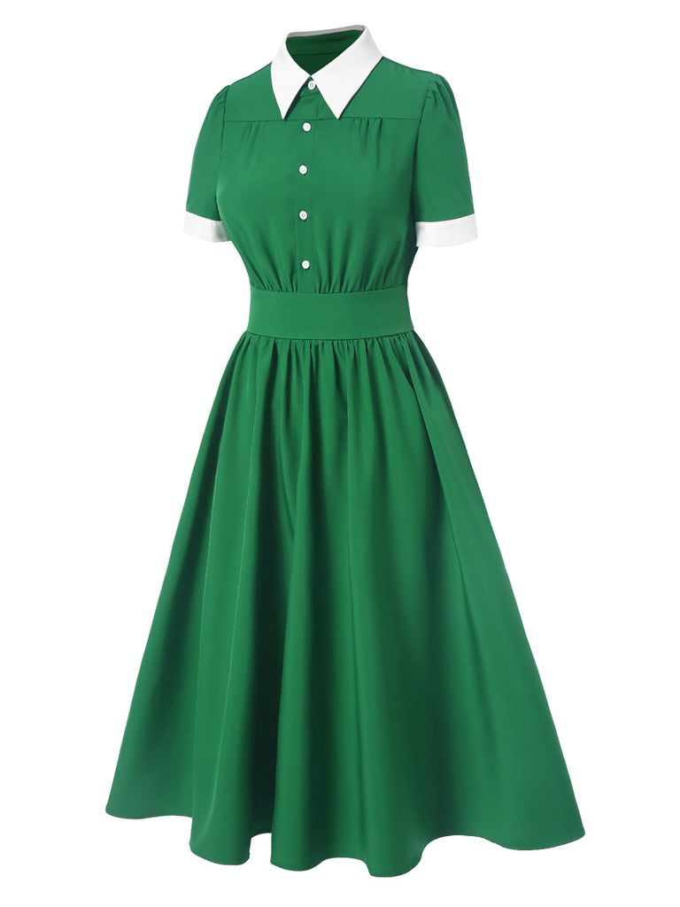 Green 1940s Contrast Shirt Collar Dress, vintage dress, retro fashion - perfect for women who love vintage and retro fashion
