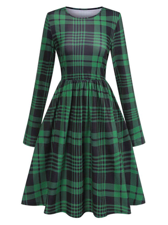 Green 1940s Crew Neck Tartan Dress, vintage dress, retro fashion - perfect for women who love vintage and retro fashion