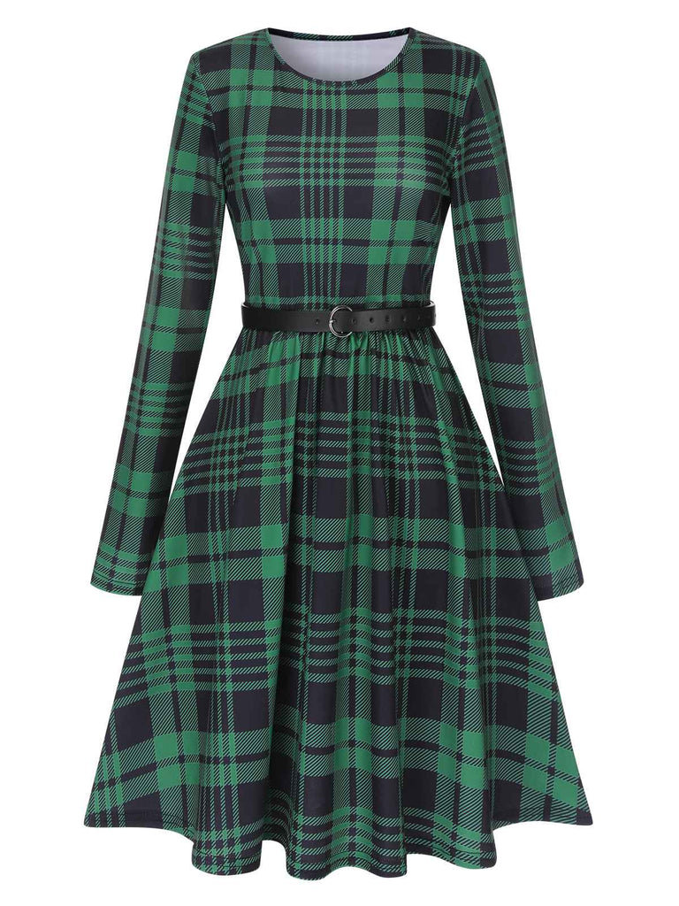 Green 1940s Crew Neck Tartan Dress With Belt, vintage dress, retro fashion - perfect for women who love vintage and retro fashion