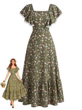 Green 1940s Floral Square Neck Swing Dress