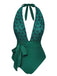 Green 1940s Floral Deep V-Neck Halter Swimsuit, vintage swimsuit, pin-up swimwear - perfect for women who love vintage and retro fashion