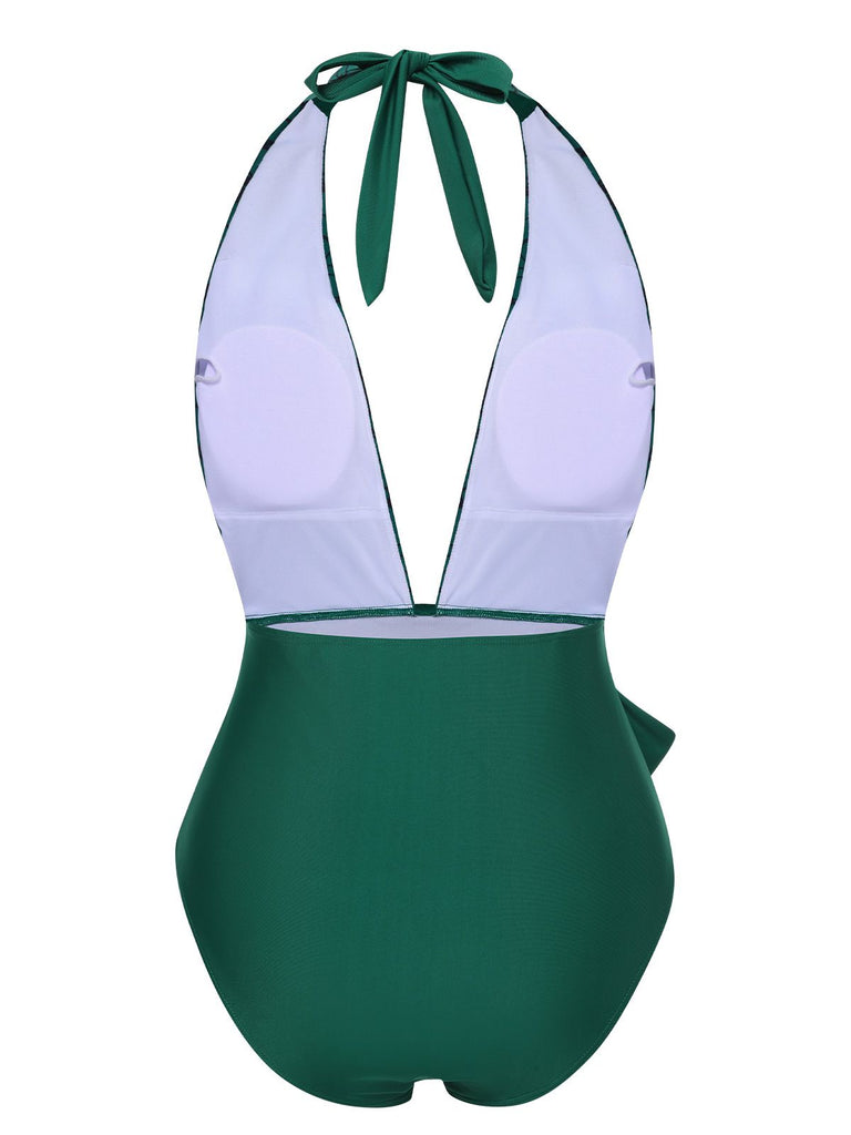 Green 1940s Floral Deep V-Neck Halter Swimsuit, vintage swimsuit, pin-up swimwear - perfect for women who love vintage and retro fashion