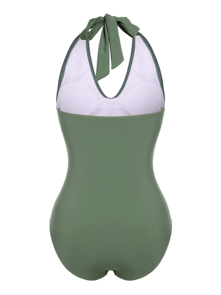 Green 1940s Floral Halter One-Piece Swimsuit: timeless style reimagined