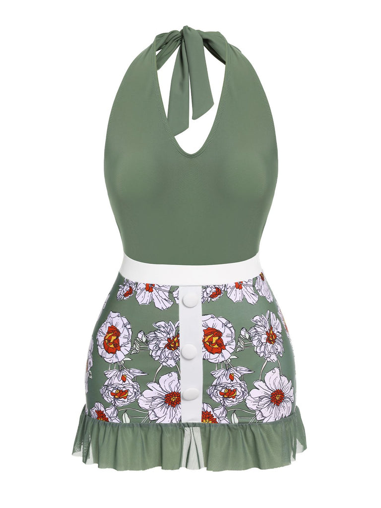 Green 1940s Floral Halter One-Piece Swimsuit — vintage elegance for the modern woman