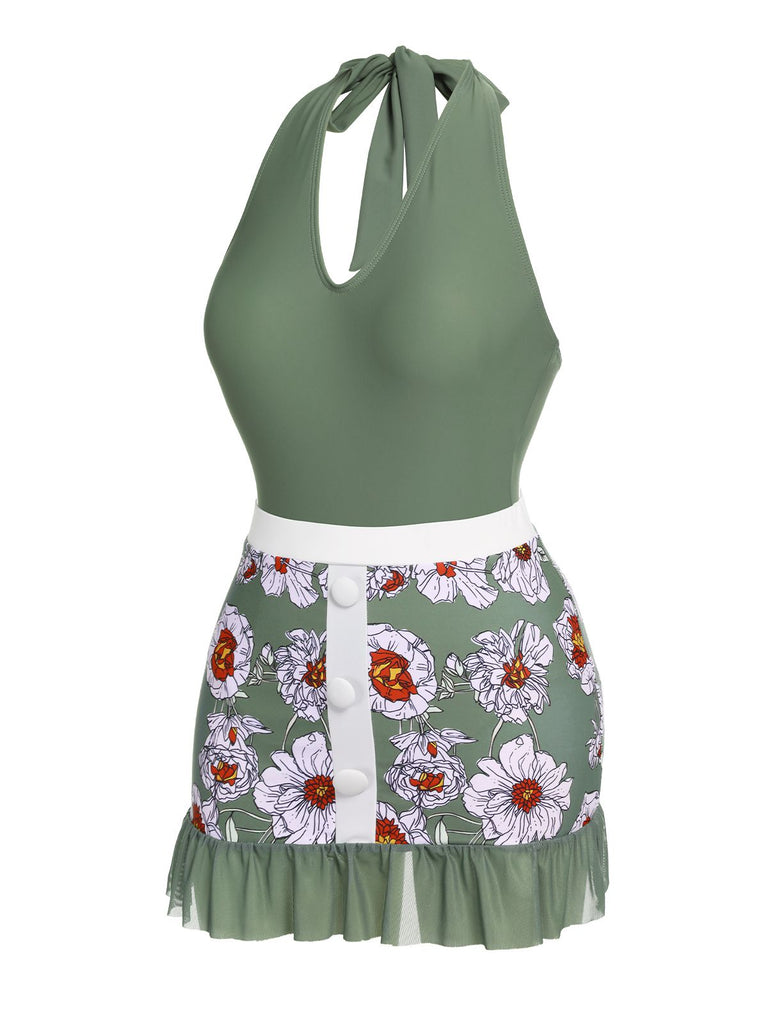 Green 1940s Floral Halter One-Piece Swimsuit: timeless style reimagined