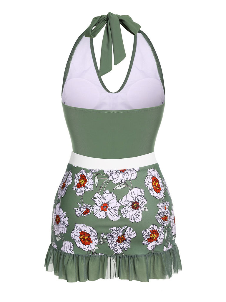 Green 1940s Floral Halter One-Piece Swimsuit — vintage elegance for the modern woman