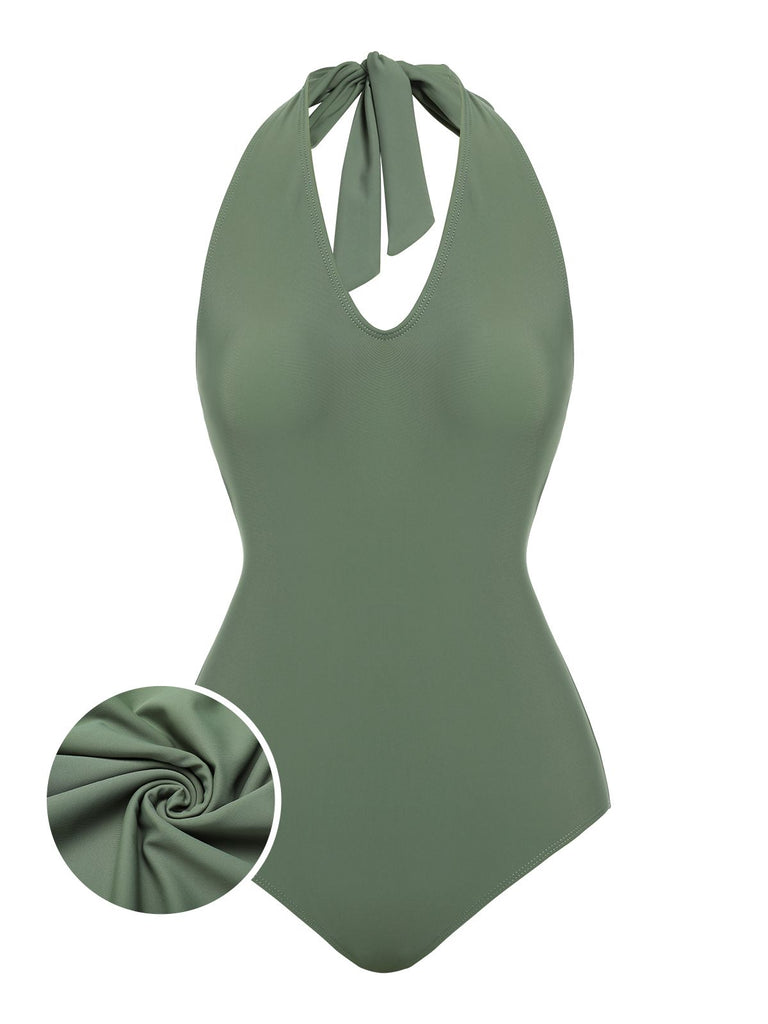 Green 1940s Floral Halter One-Piece Swimsuit — vintage elegance for the modern woman