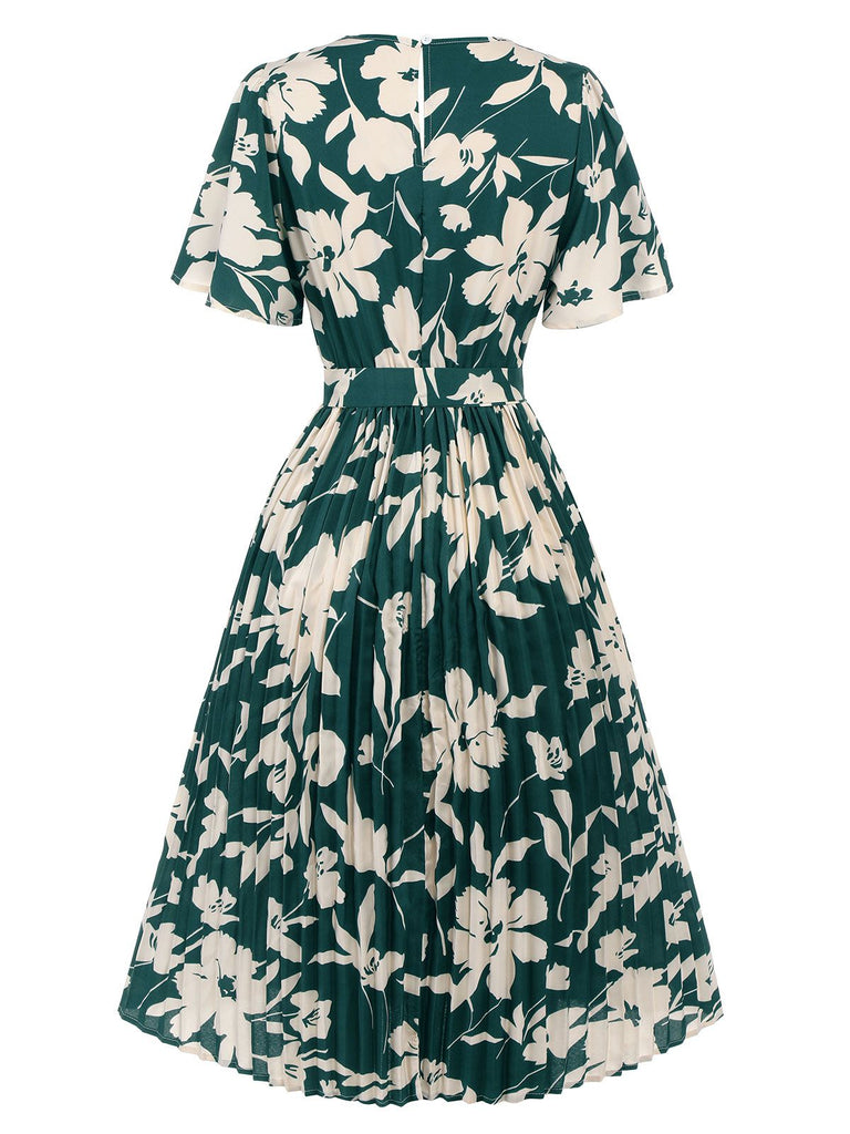 Green 1940s Floral Pleated Belt Dress, vintage dress, retro fashion, floral print - perfect for women who love vintage and retro fashion