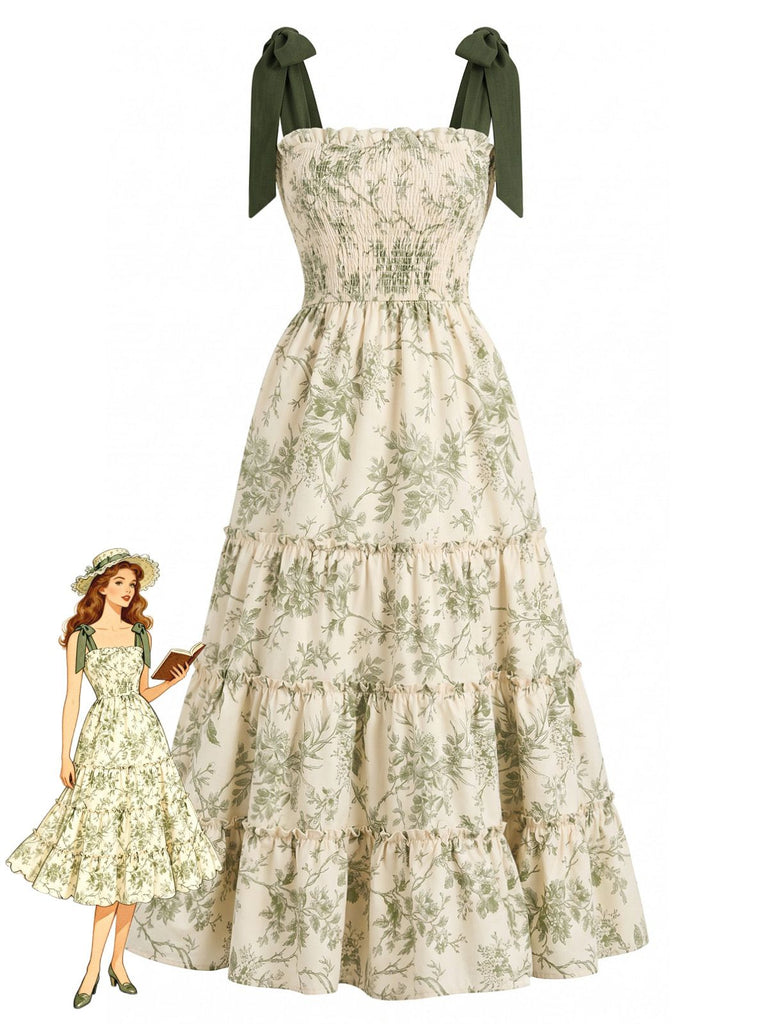 Green 1940s Floral Shoulder-Tie Tiered Dress, vintage dress, retro fashion - vintage inspired fashion