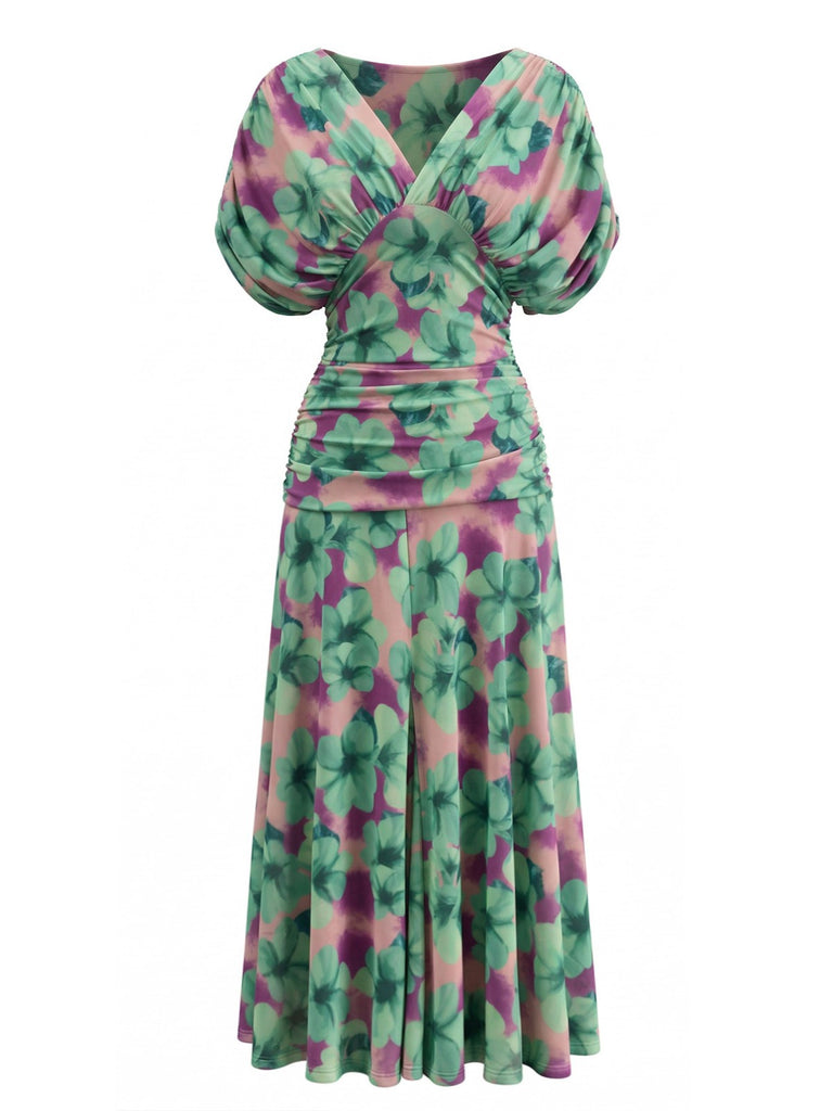 Green-1940s-Floral-V-Neck-Smocked-Waist-Dress, vintage, retro, dress