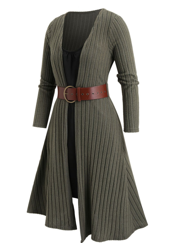 Green 1940s Knit Layered Long Sleeve Belted Dress - vintage dress, retro fashion, elegant red