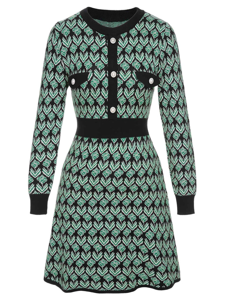 Green 1940s Knitted Floral A-Line Dress, vintage dress, retro fashion, floral print - perfect for women who love vintage and retro fashion