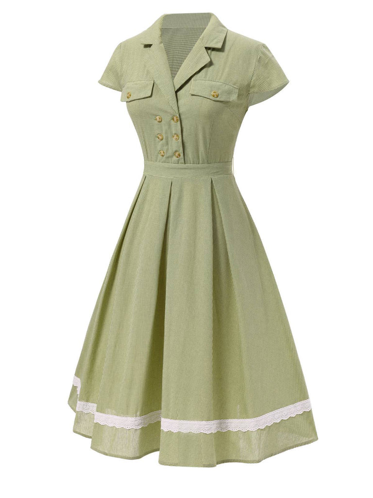 Green 1940s Lace Plaid Cotton Patchwork Dress — a 1940s silhouette that turns sidewalks into runways