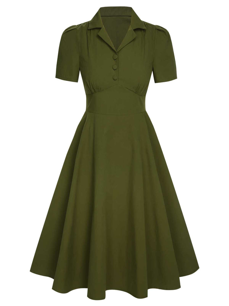 Green 1940s Lapel Buttoned Solid Dress: where 1940s romance meets her modern spirit