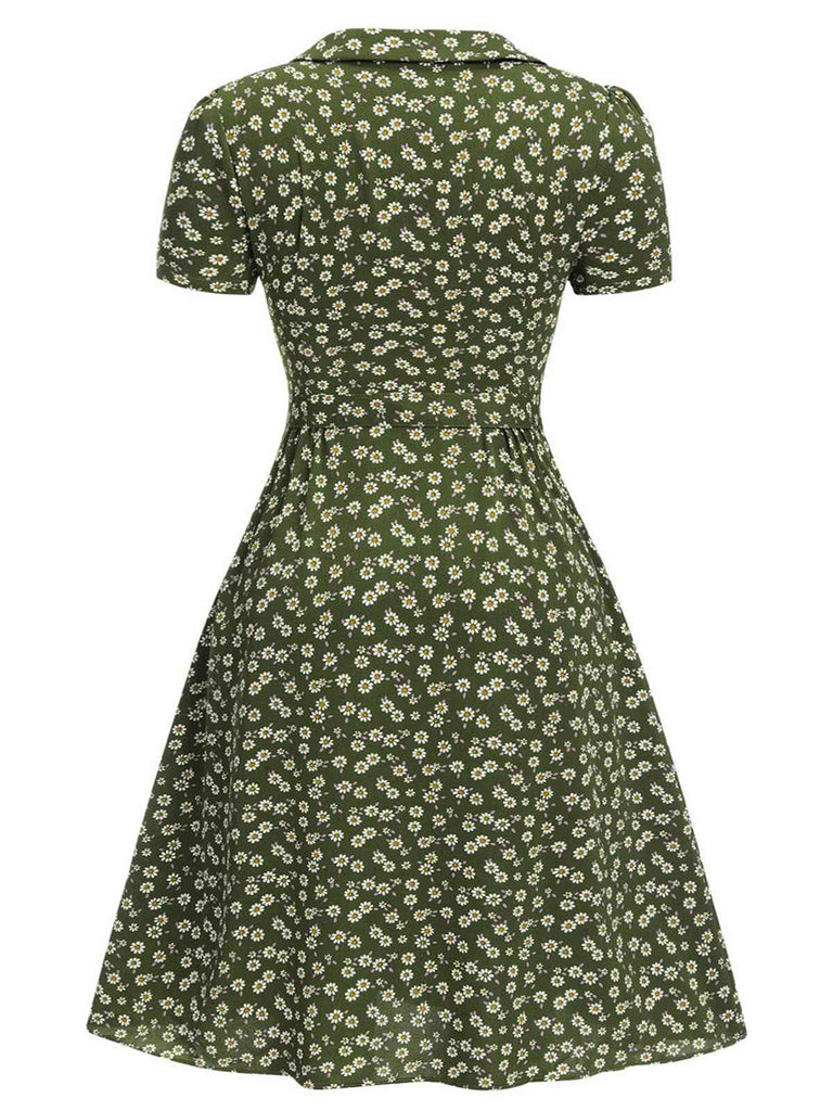 Green 1940s Lapel Buttons Ditsy Floral Dress - vintage dress, retro fashion