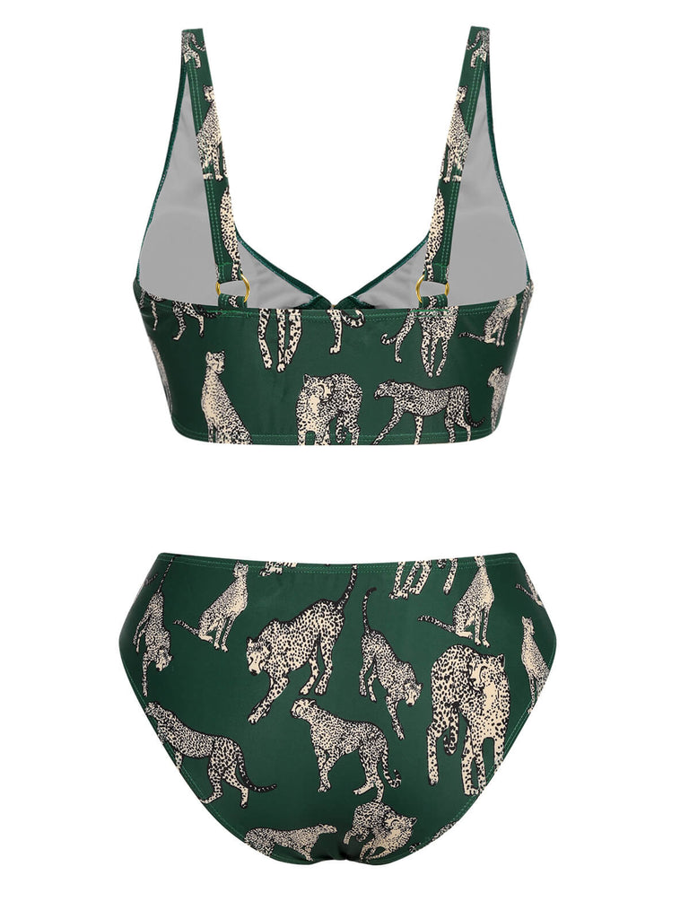 Green 1940s Leopard Halter Split Swimsuit, vintage swimsuit, pin-up swimwear - perfect for women who love vintage and retro fashion