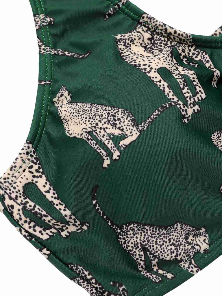 Green 1940s Leopard Halter Split Swimsuit, vintage swimsuit, pin-up swimwear - perfect for women who love vintage and retro fashion