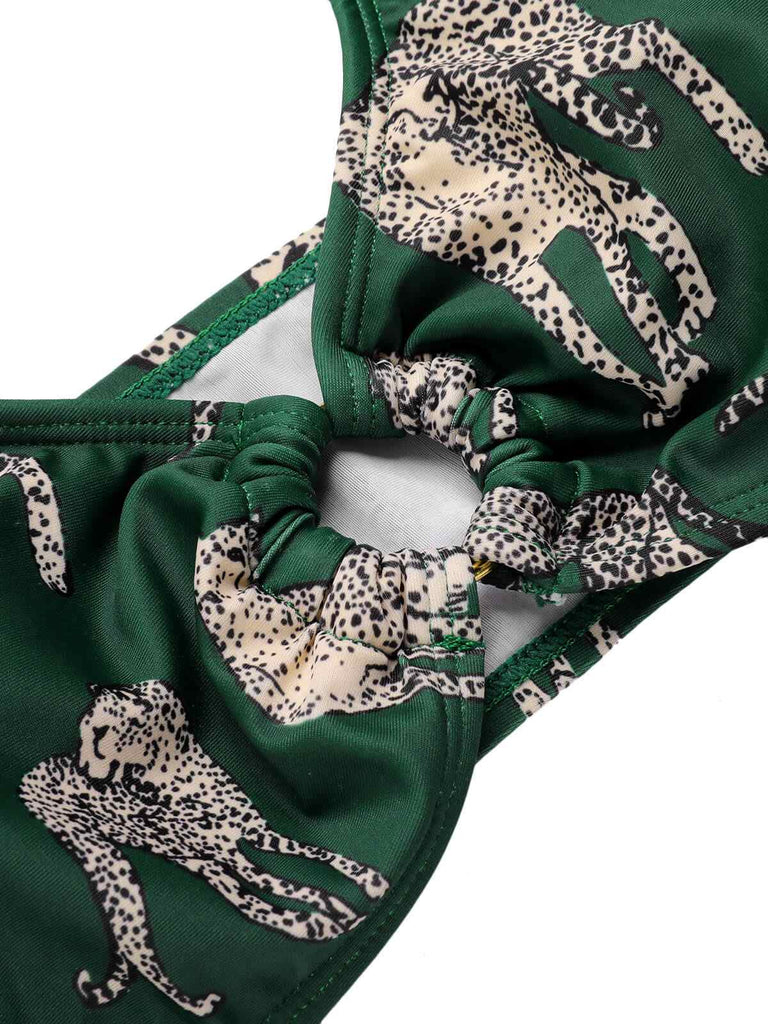 Green 1940s Leopard Halter Split Swimsuit, vintage swimsuit, pin-up swimwear - perfect for women who love vintage and retro fashion