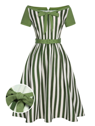 She slips into this Green 1940s Off-Shoulder Stripes Bow Belted Dress and suddenly it's a 1940s daydream