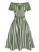 Green 1940s Off-Shoulder Stripes Bow Belted Dress: where 1940s romance meets her modern spirit