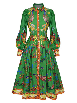 Green 1940s Peacock Lantern Sleeve Shirt Dress, vintage dress, retro fashion - perfect for women who love vintage and retro fashion