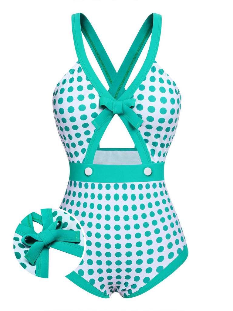 Green 1940s Polka Dot Bowknot One-Piece Swimsuit: timeless style reimagined
