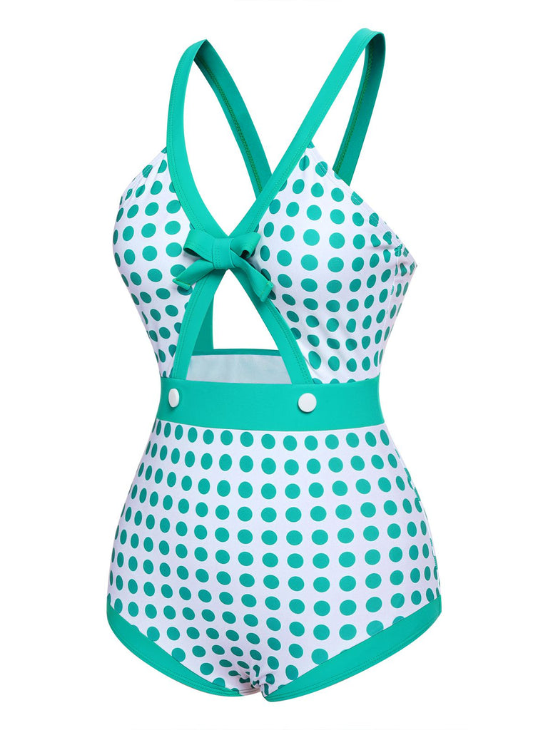 Green 1940s Polka Dot Bowknot One-Piece Swimsuit: timeless style reimagined