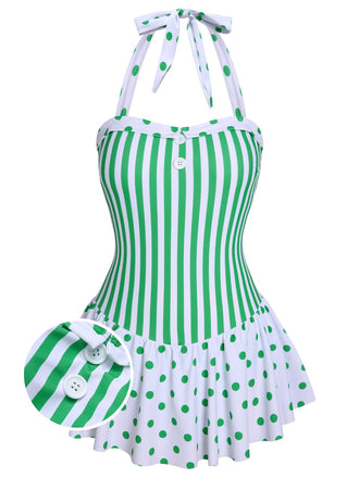 Green 1940s Polka Dots Stripes Halter Swimsuit, vintage swimsuit, pin-up swimwear - perfect for women who love vintage and retro fashion