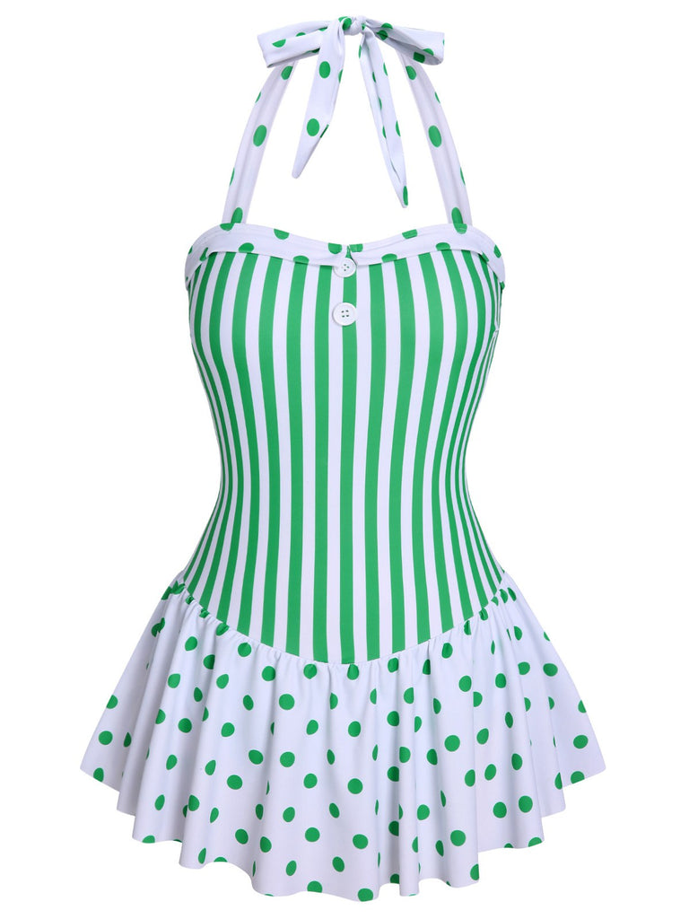 Green 1940s Polka Dots Stripes Halter Swimsuit, vintage swimsuit, pin-up swimwear - perfect for women who love vintage and retro fashion