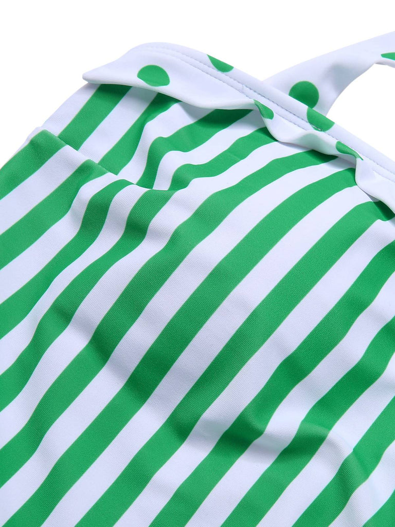 Green 1940s Polka Dots Stripes Halter Swimsuit, vintage swimsuit, pin-up swimwear - perfect for women who love vintage and retro fashion