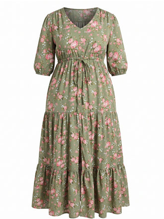 [Plus Size] 1970s Green Floral V-Neck Tiered Maxi Dress - vintage dress, retro fashion, floral print for vintage lovers